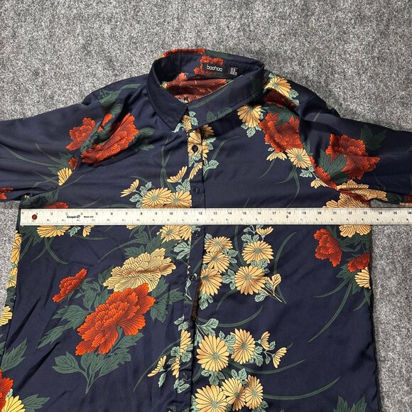 Boohoo Shirt Dress 14 Long Sleeve Floral Artsy Unique Collared Button Front - Picture 6 of 14